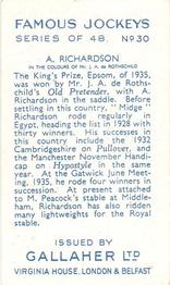 1936 Gallaher Famous Jockeys #30 Albert Richardson Back